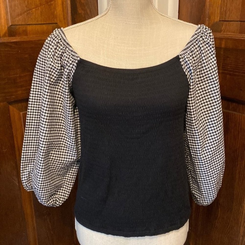 black and white gingham check off the shoulder blouse.